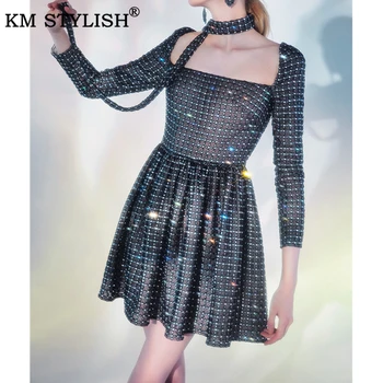

2020 Early Spring Party Mini Dress Mesh Hook Flower Square Collar Black and White Heavy Industry Rhinestone High Waist Bud dress