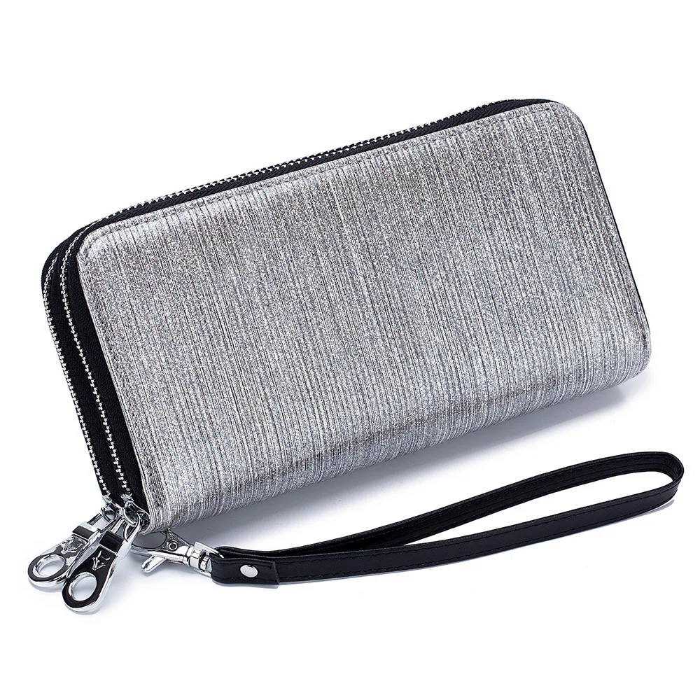 New Genuine Leather Double Zipper Wallet Ladies Long Large Capacity Women Clutch Bag Bling Wallet Phone Bag Card Holder - Цвет: Silver