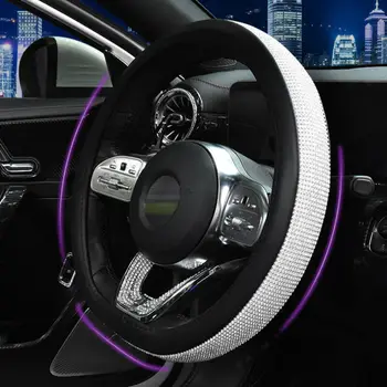 

1pc Black Faux Leather 38cm Girl Universal Lady Car Steering Wheel Cover 15Inch D Type Glass Crystal Shiny Rhinestone Decor