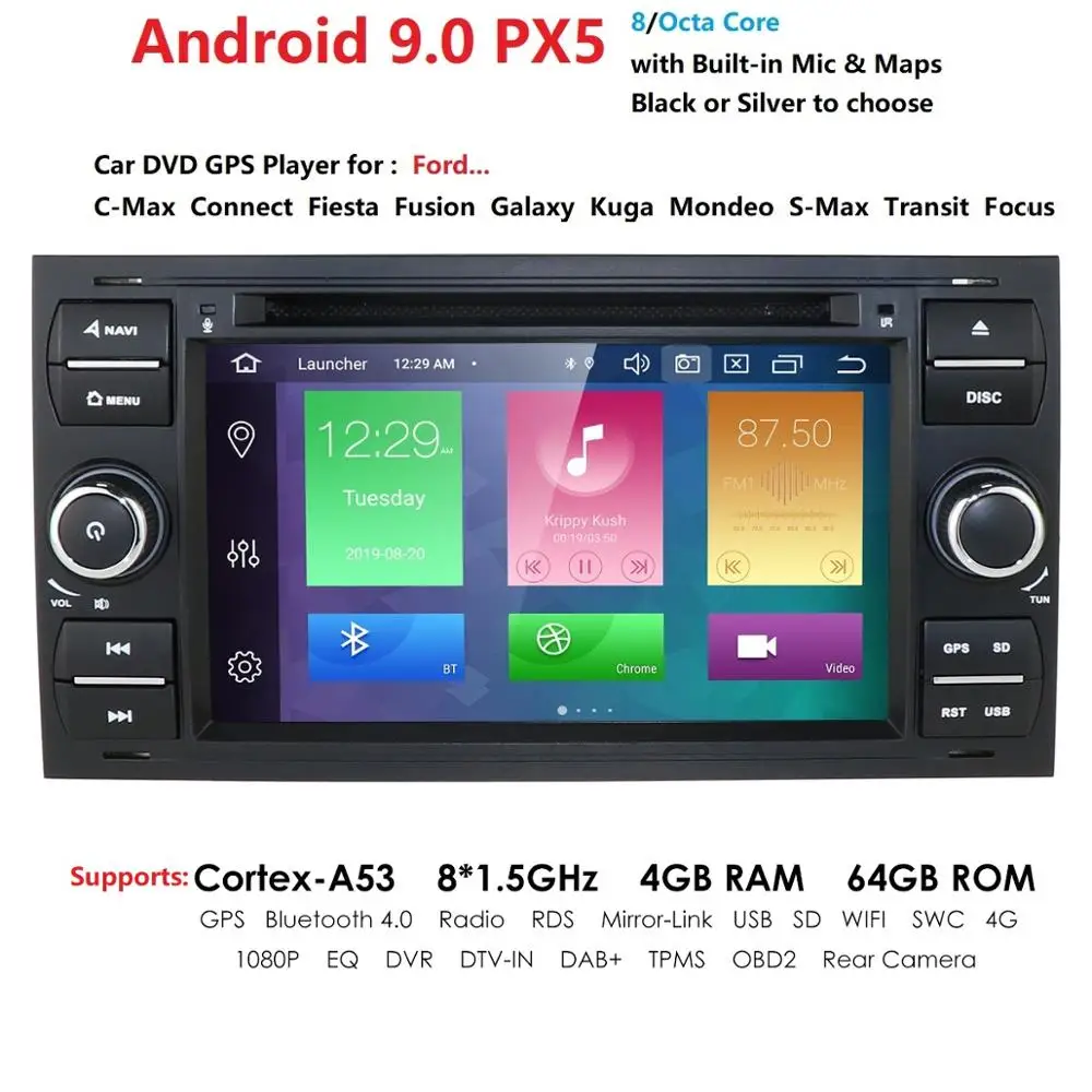 

2 Din Auto Radio Android 9 For Ford/Mondeo/Focus/Transit/C-MAX Car DVD Multimedia GPS Player RAM 4GB ROM 64GB DVR DSP FM