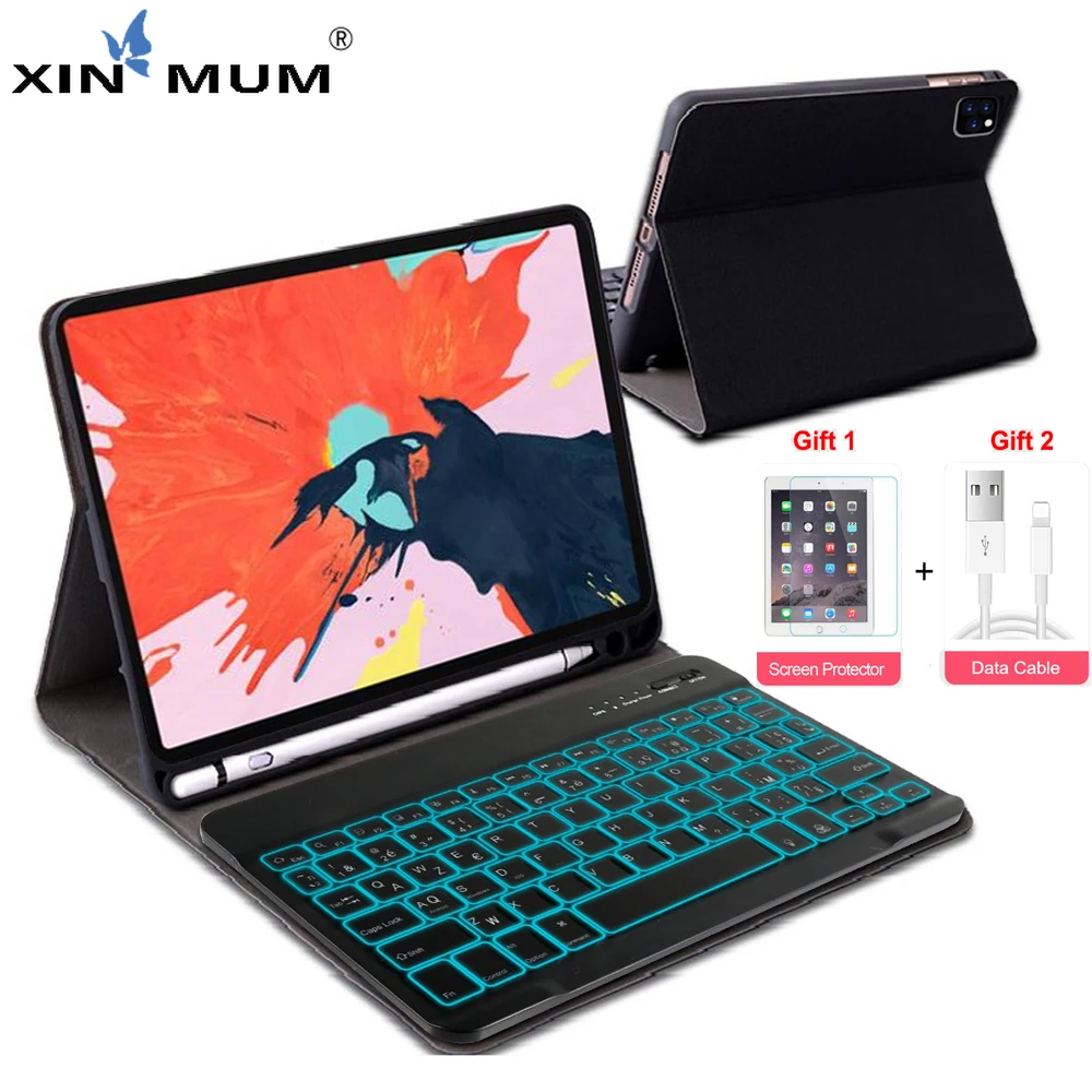 

Bluetooth Keyboard Leather Case for iPad Pro 2020 11" Pencil Holder Russian French Italian Gift Tempered Glass Screen Protector