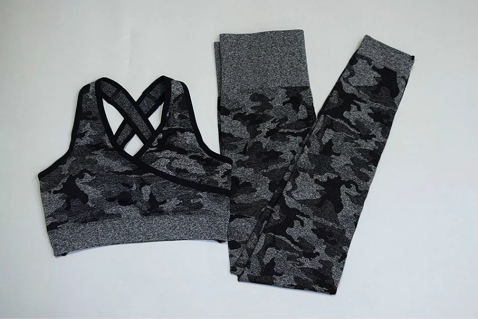 SET BLACK 2 шт./компл. камуфляж Йога Комплект Для женщин бесшовные Фитнес Йога бюстгальтер спортивный бюстгальтер Высокая Талия тренажерный зал камуфляжной расцветки, легинсы, штаны для фитнеса костюмы тренировки - Цвет: SET BLACK