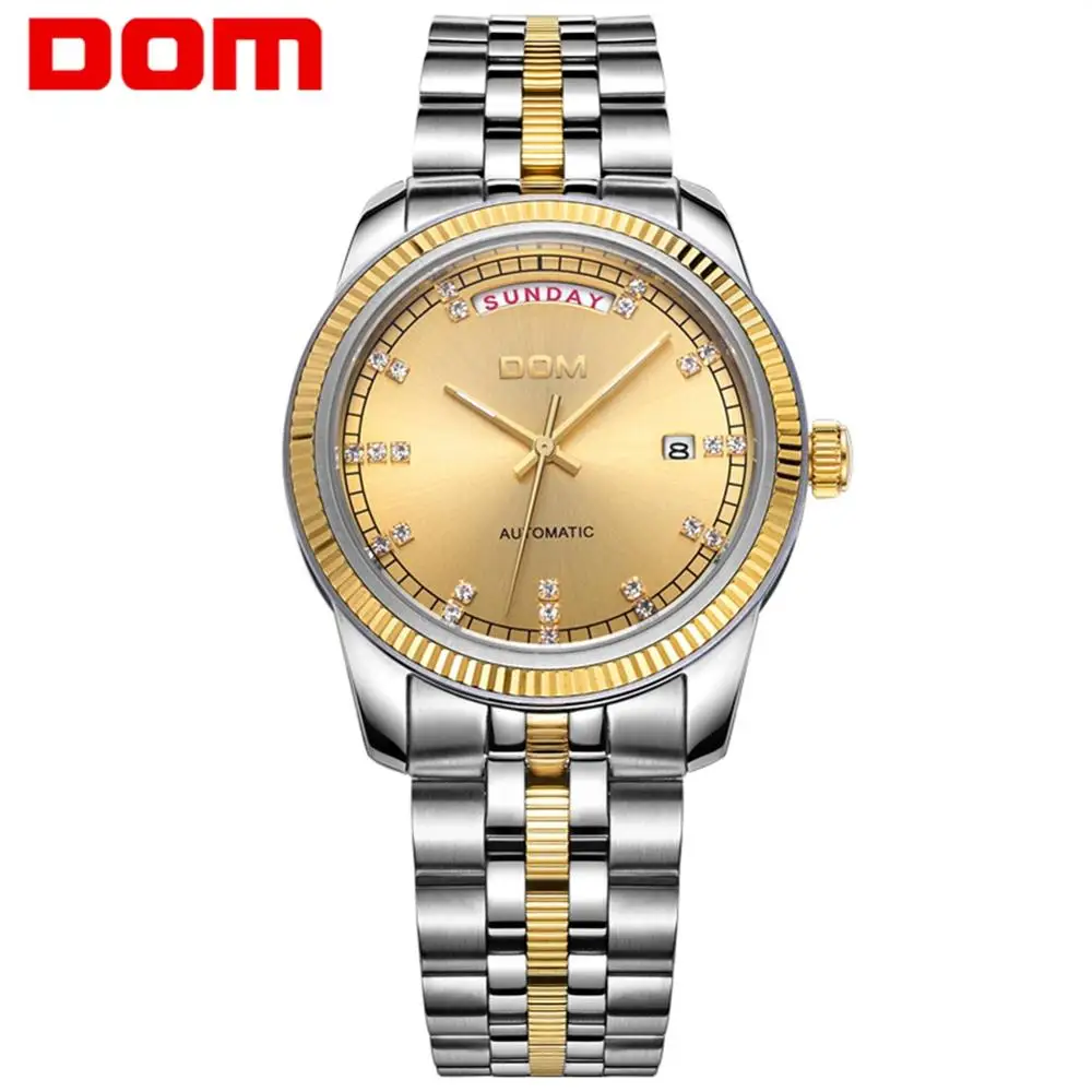 DOM Лидирующий бренд роскошный механический автоматический для мужчин s часы Полный нержавеющей Sappair модные водонепроницаемые Бизнес часы для мужчин M-82G-9M