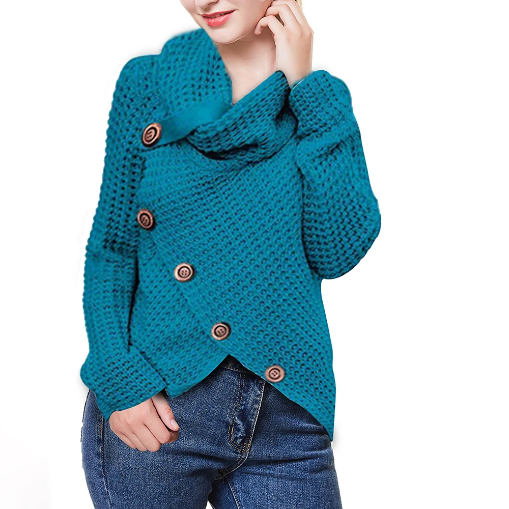 Ladies Solid Color Loose Slim Fit Casual Irregular Cardigan Sewater 2019 New Women Fashion High Collar Long Sleeve Knit Sweater |