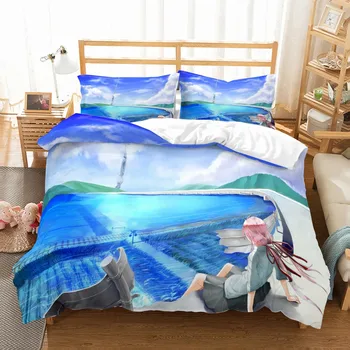 

Japanese Anime Bed Linen Set Girls Blue Sky Print Duvet Cover Set Bedspread Pillowcase Single Double 2/3 Piece Bedroom Decor