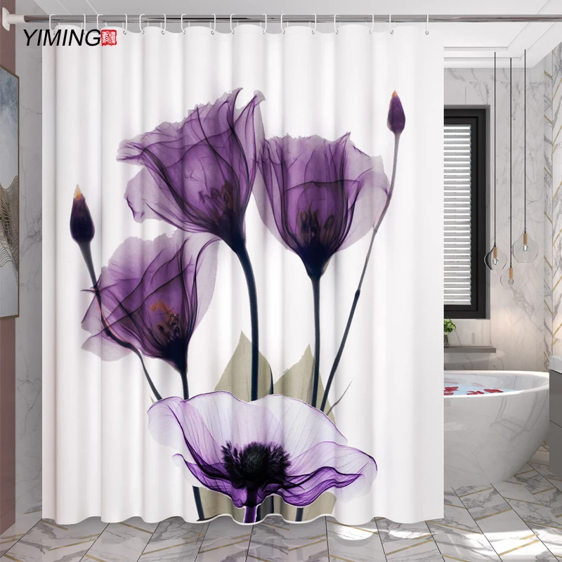 3D Purple Tulip Flower Printed Bathroom Curtain Polyester Waterproof Home Decor With Hook 180x200cm | Дом и сад