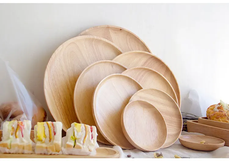 Rubber Wood Round Japanese Dinner Plate Rectangle Serving Tray Beef Steak Fruit Snack Tray Restaurant Food Cutlery Storage Plate