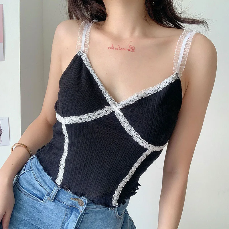 

2020 New Patchwork Lace Cross Summer Crop Top Women Plain Casual V Neck Backless Cropped Tops Tank Top Straps Vest