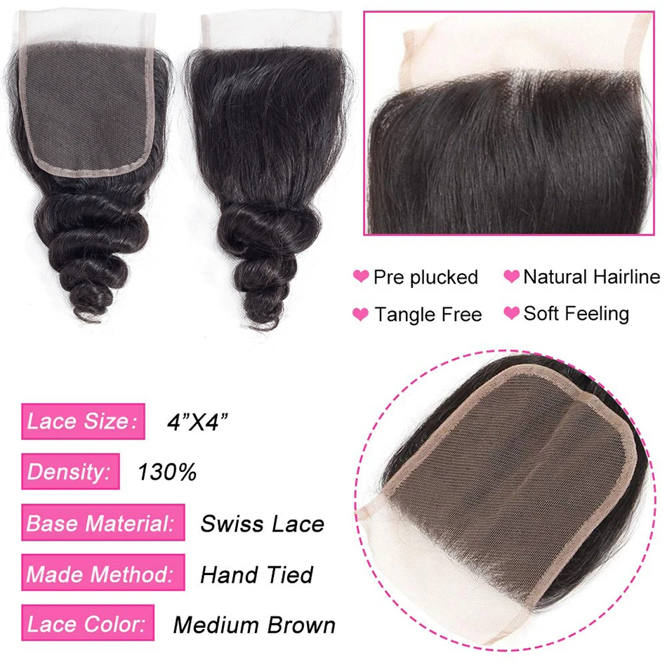 Liddy Bundles With Closure Malaysian Loose Wave Hair Bundles With Closure 100% Human Hair Natural Color Non-remy Hair Extensions