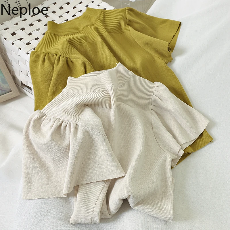 Женский Однотонный свитер с рукавами-фонариками Neploe корейский пуловер круглым