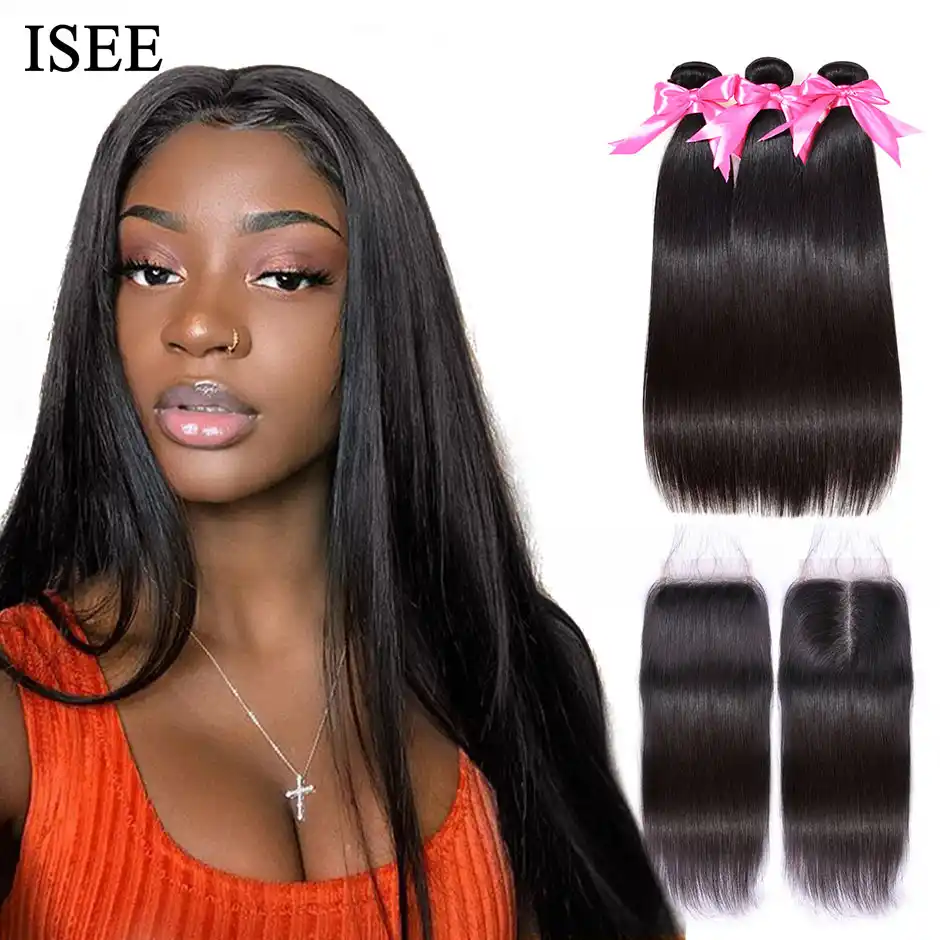 Straight Hair Bundles With Closure Isee Hair Remy Human Hair