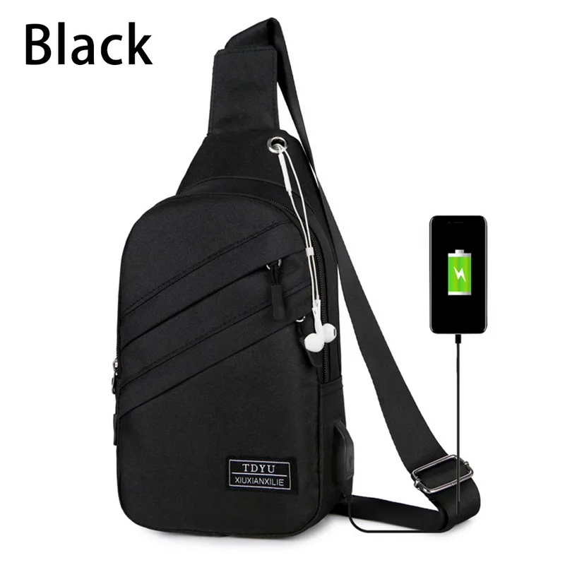 USB Charging Shoulder Bag for men Anti-theft chest bag casual waterproof diagonal bag Korean version of the headset hole bags - Цвет: black