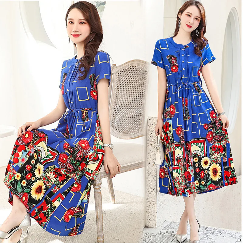 

Mom Cotton Linen Dress Women's Mid-length Summer Floral Skirt 2020 New Style Slim Fit Slimming Flax Ethnic-Style Long Skirts