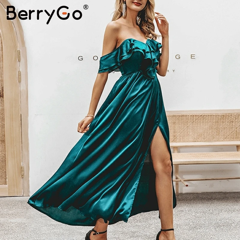 Женское длинное платье BerryGo офисное атласное с оборками и открытыми плечами