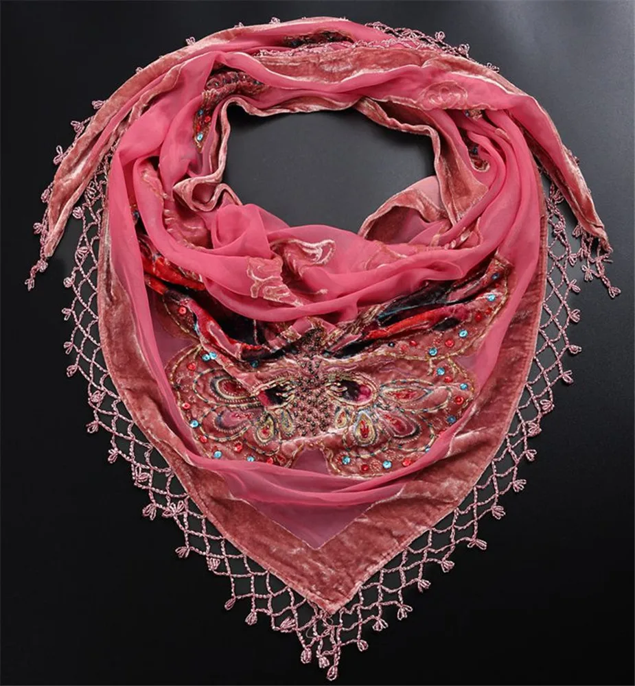 

Soft Silk Velvet Lady Shawl Scarves Kerchief Exquisite Butterfly Beads Cachecol Feminino Mujer Bufanda Elegant Tippet Plus Size