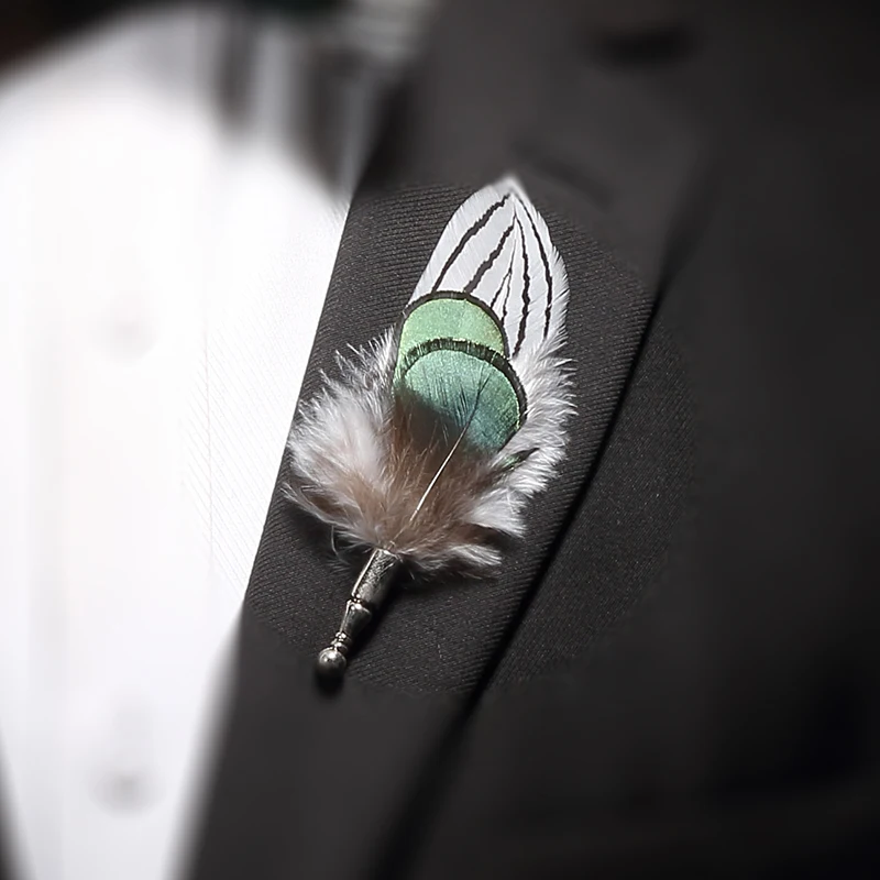brooch JEMYGINS Дизайн Модный зимний галстук-бабочка с перьями деревянная коробка набор высококачественное перо мужской галстук-бабочка для Свадебное торжество деловая встреча - Цвет: brooch