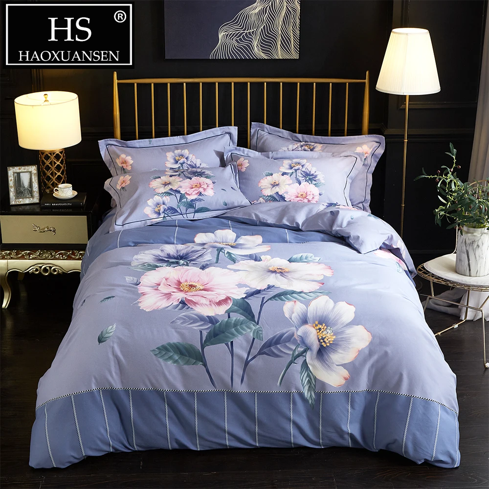 

Floral Print Sanding Cotton Bedding set Fresh Lavender 4 Pieces Soft Warm Duvet Cover Peony flowers for Winter Queen King Size