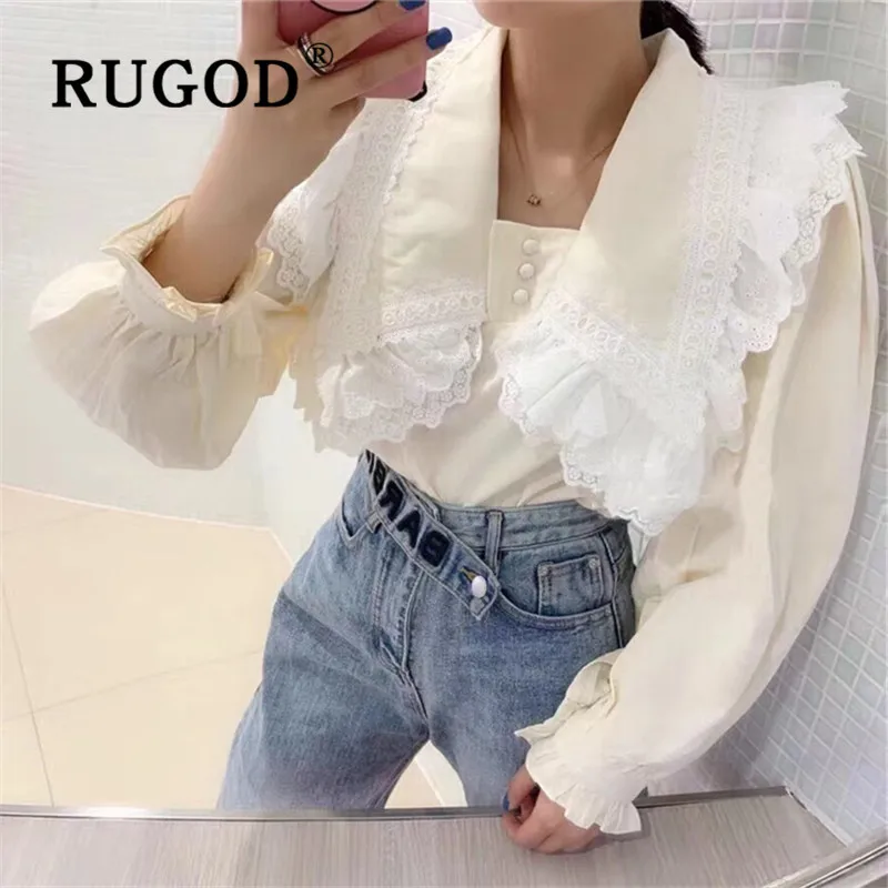 RUGOD винтажная блузка женские блузки с длинным рукавом элегантный топ корейская модная одежда женские рубашки Милая рубашка отложной воротник