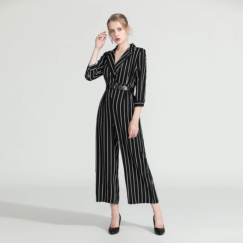 

Women Elegant Striped Jumpsuit Long Pants OL Rompers V-neck 2019 Spring Summer Wide Leg Pants Jumpsuirt With Belt