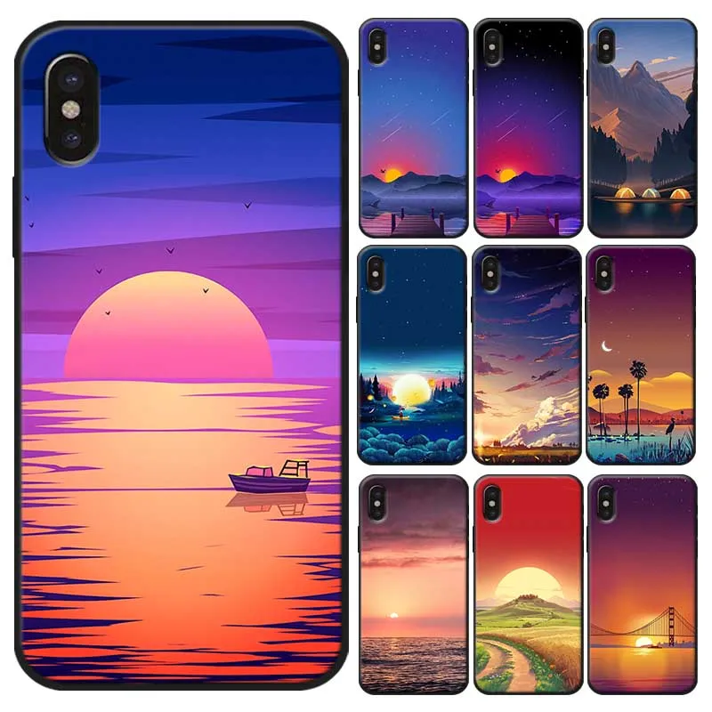 Для iPhone 7 11 pro max XR X 6S 8 XS MAX 6 plus SE 5S Мягкий силиконовый чехол для телефона закат |