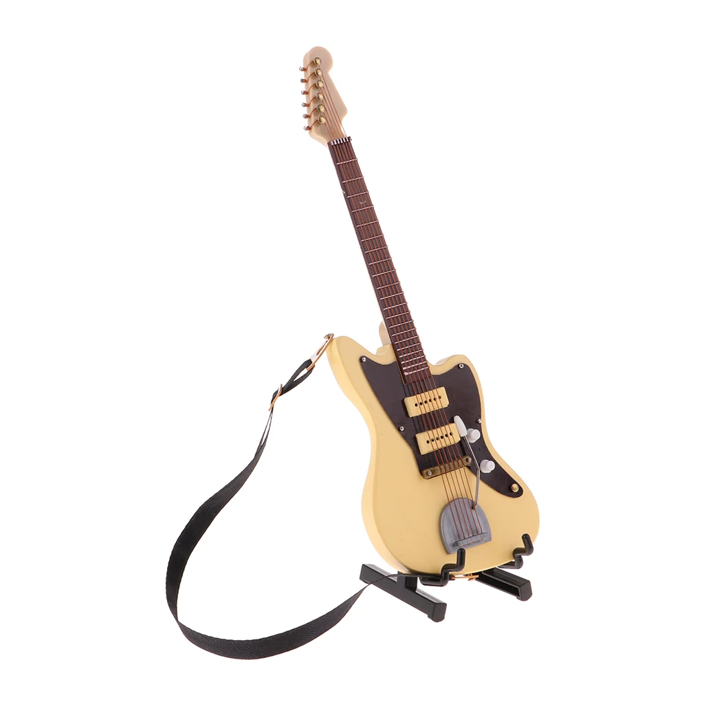 1/6 Wooden Mini Guitar Musical Instruments Model W/Stand Decoration Beige