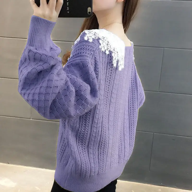 pullover sweater 2022 Spring Autumn Sweater Female Korean Version Loose Autumn Winter Outer Wear Lace Doll Collar Knit Pullover Top christmas sweatshirt