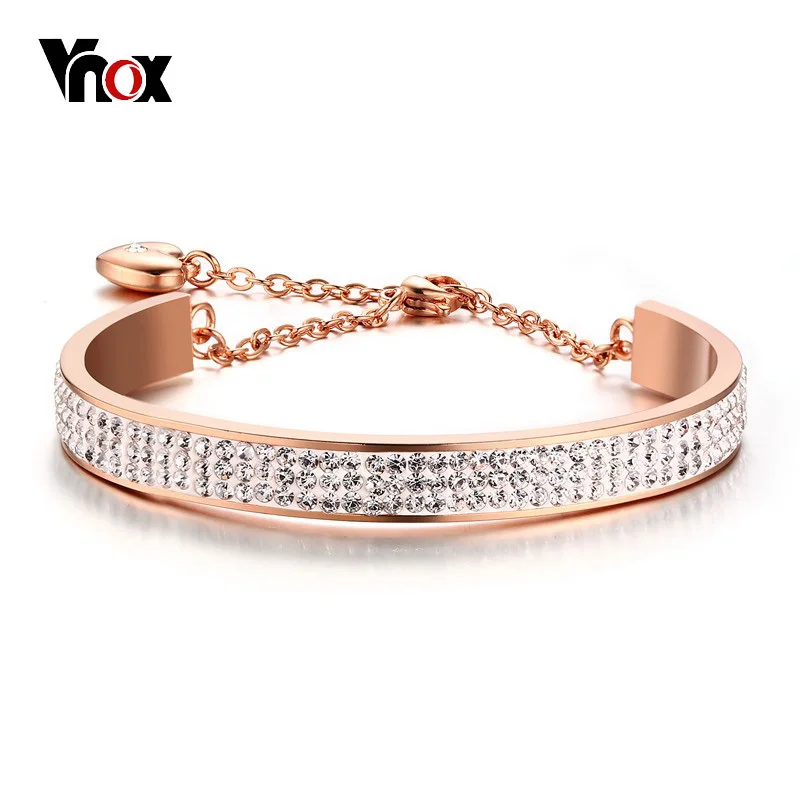 Vnox Elegant Rose Gold Color Crystal Rows Cuff Bangle for Women Charm Bracelet Stainless Steel Adjustable Wedding Party Jewelry | Украшения
