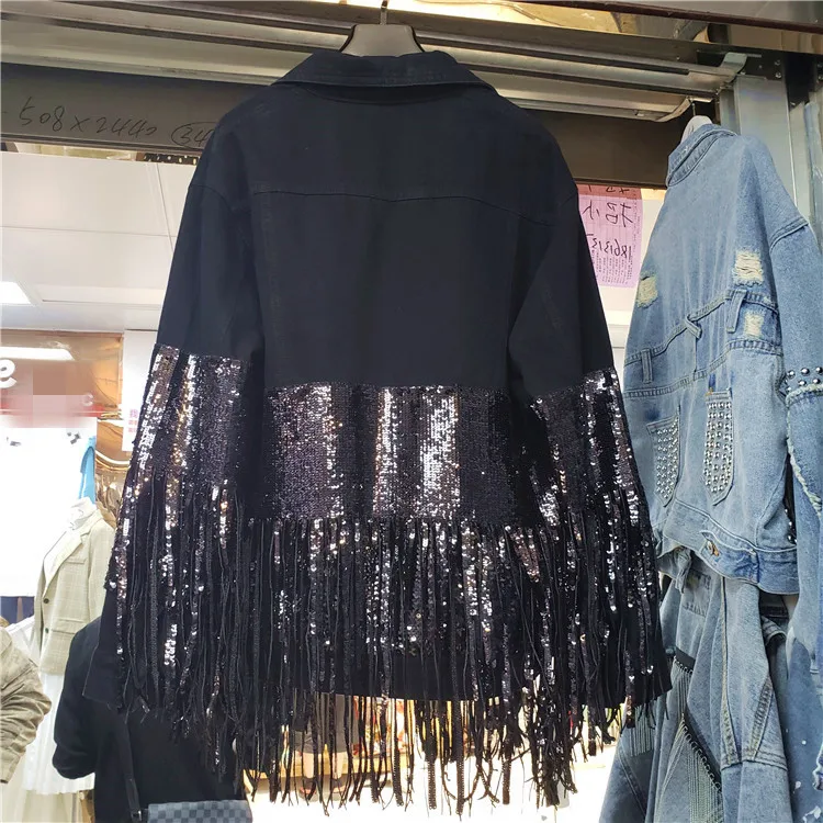 Ren джинсовое пальто Женщины Весна новая одна застежка имеют Sequines кисточкой черный/белый джинсовая куртка Женская Базовая джинсовая куртка