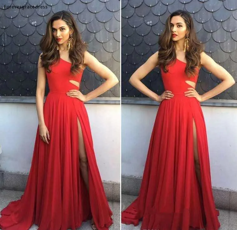2018 Red One Shoulder Chiffon Split A Line Prom Dresses Cut Out Waist Floor Length Formal Party Prom Evening Dress  119