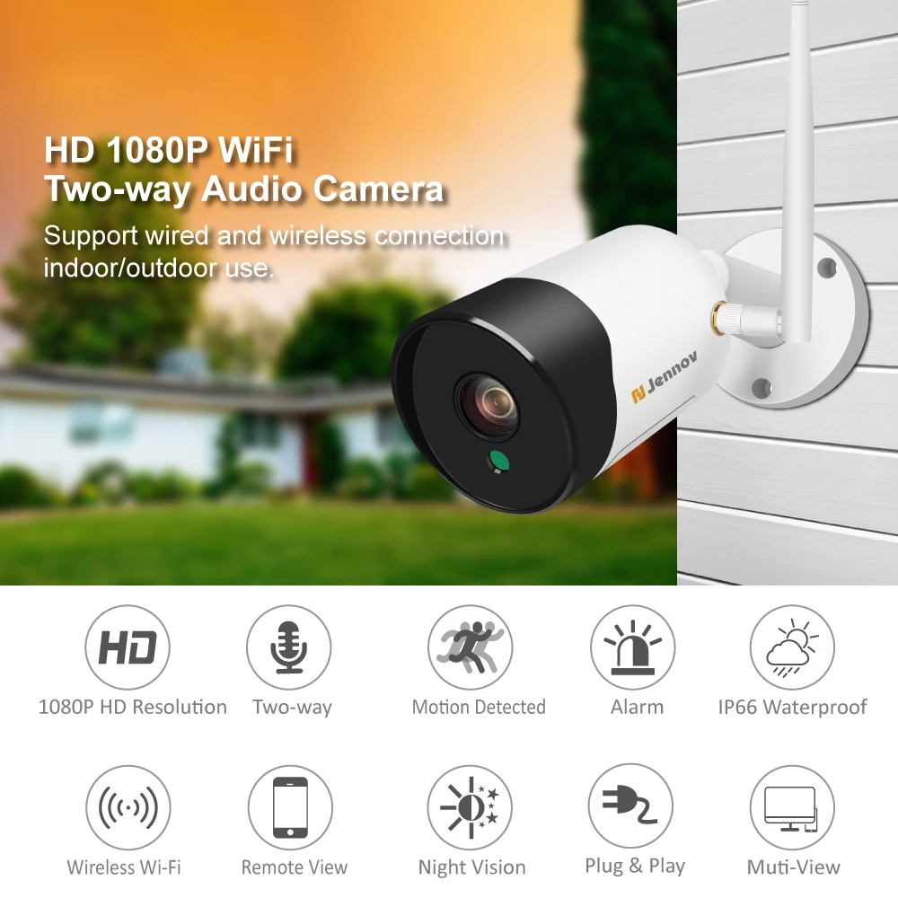 Câmera de Áudio Vídeo ao ar Livre à Prova p sem Fio Jennov Registro Visão Noturna ir P2p Onvif Cartão sd Cctv Vigilância Dwaterproof Água 1080 wi fi ip 4 Jennov 1080 p sem fio wi fi