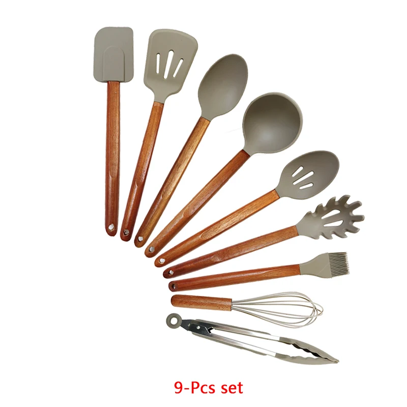 9-pcs kitchen set 6/9/12 шт Кухня посуда набор Акация деревянная ручка Силиконовая Пособия по кулинарии посуда с антипригарным покрытием металлическая кулинарная лопатка инструменты Кухня аксессуары - Цвет: 9-pcs kitchen set