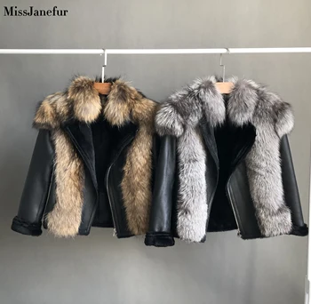 

Winter Sliver Fox Fur Collar Real Leather Women natural Fur Short Outwear Pu Leather Jacket real sliver fox Fur Leather Jackets