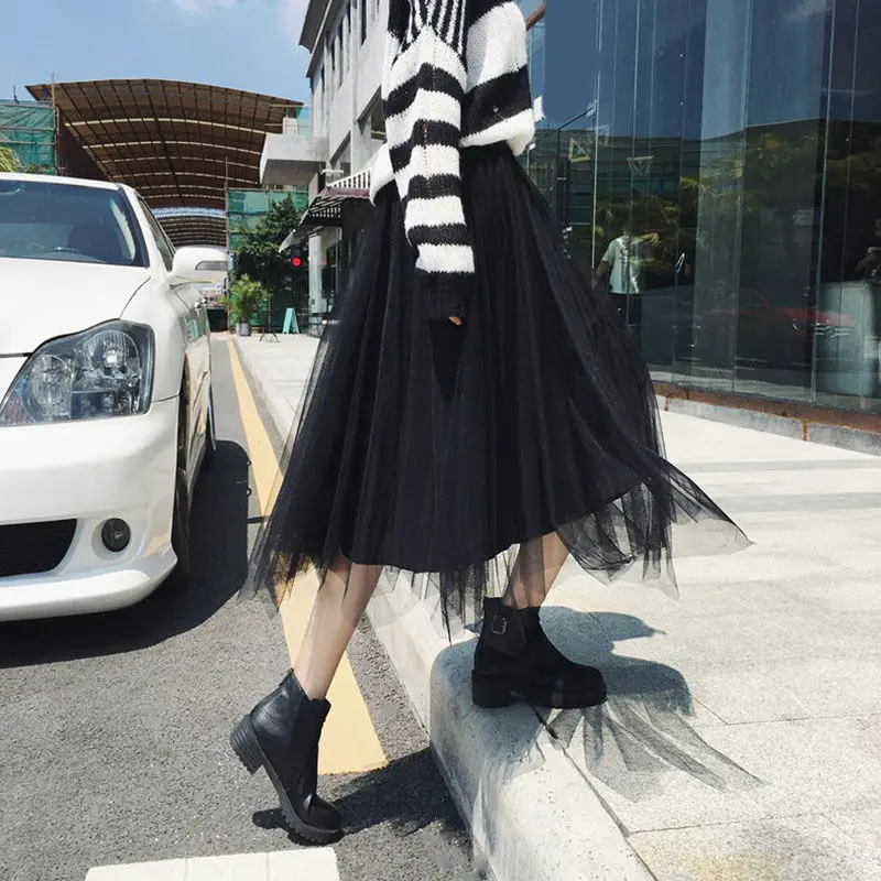 Black Skirt women RICININA, плиссированная юбка для женщин, плюс размер, осенняя сетчатая бархатная однотонная Повседневная Макси-юбка, Женская Зимняя юбка с высокой талией, Jupe Femme - Цвет: Black Skirt women