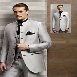 2021 New High-Quality Custom Silver Stand-Up Collar Fashion Men's Western Slim 4 -Piece Set (Coat + Pants + Vest + Handkerchief)