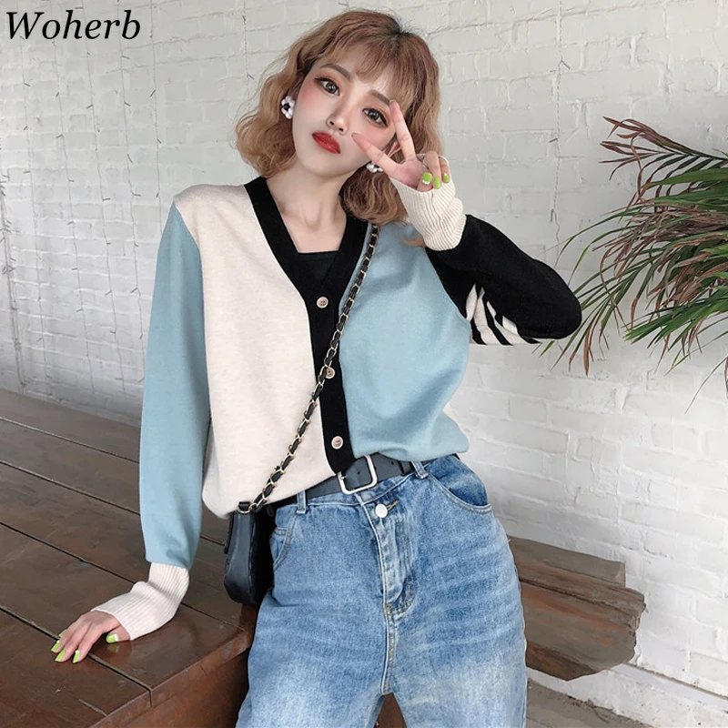 

Woherb Korean New Sweater Women Patchwork Contrast Color Striped Thin Cardigan V Neck Long Sleeve Short Tops Casual Knitwear