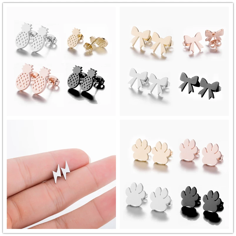 

Oly2u Elegant Bow Knot Pineapple Dog Paw Shaped Stud Earrings Women Birthday Gift Unique Punk Black Color Lightning Earings