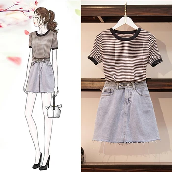 

2020 Summer Knitted Short Sleeve Shirt Top Jean Mini Skirt Female Two Piece Sets Casual Suit Dress