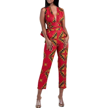 

Opslea Dashiki African Digital Printed Women's Sexy DIY Strappy Jumpsuit Multi Wear Side Pocket Casual Pants Invisible Zipper