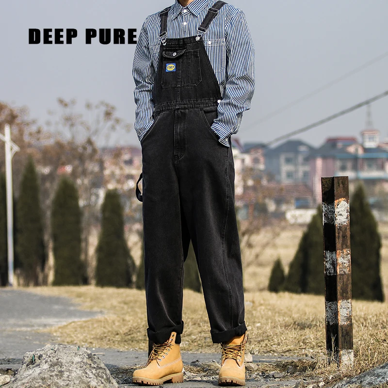 

men jeans black Streetwear full length Washed DenimOveralls rompers pocket