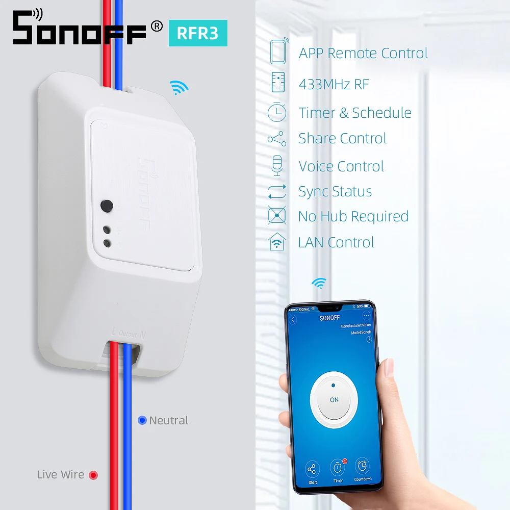 SONOFF RF R3 беспроводной переключатель умный дом РЧ контроль RM 433 МГц пульт дистанционного управления Лер 100-240 В для Google Home Ewelink Alexa