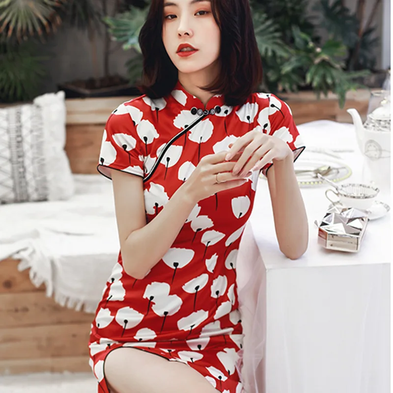 

2019 Summer New Elegent Women Simulation Silk Printing Qipao Stand Collar Daily Dresses Youny Women Short Cheongsam Dress