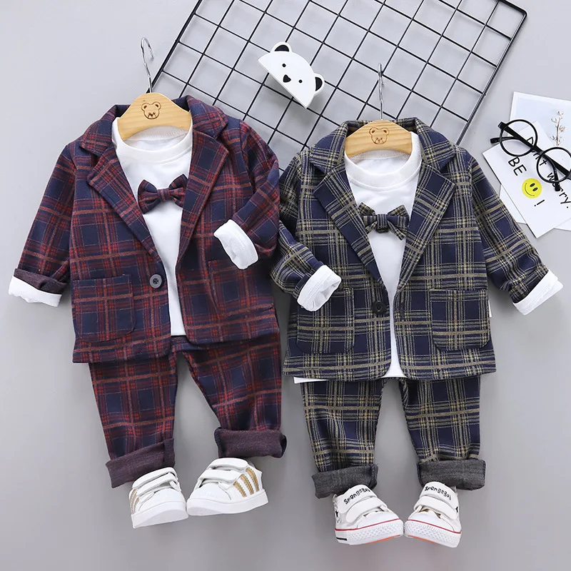 

2020 Bow Suit Children Spring New Style Fashion Plaid Fold-down Collar Single Breasted Coat Handsome Three-piece Set