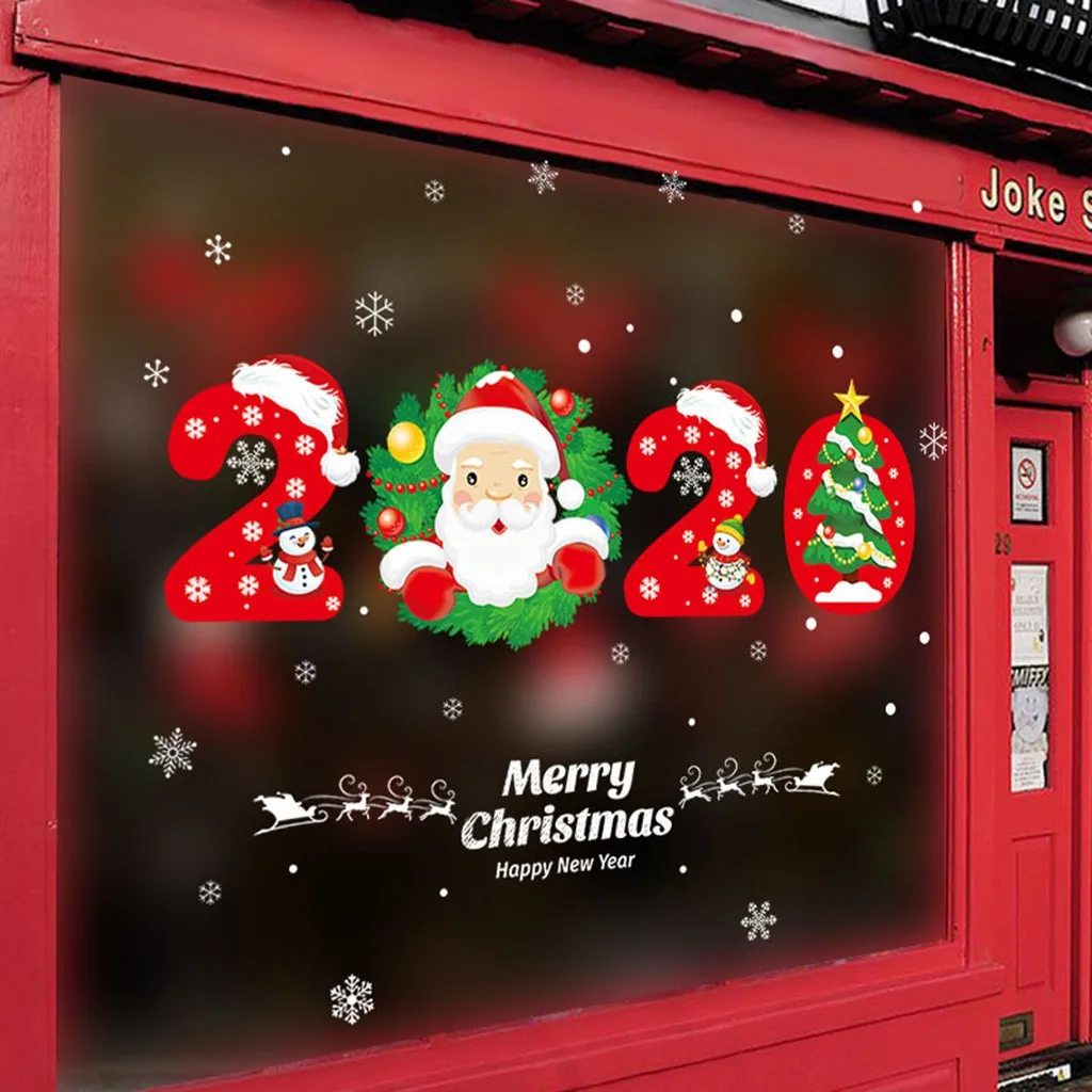 Merry Christmas стикер на стену s Мультфильм Снеговик Санта для витрины, стекла украшение, наклейки из ПВХ Рождество Домашний декор настенные наклейки