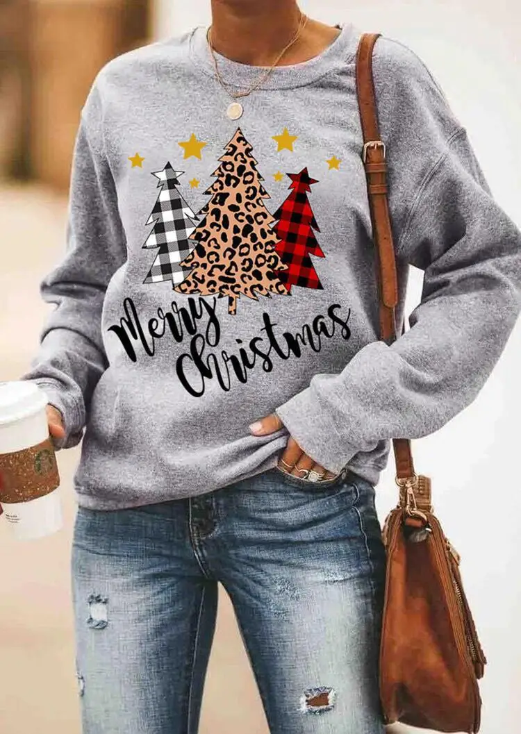

Winter New Christmas Trees Women's Casual Long Sleeve Letter Printed Sweatshirt Loose Pullover Tops