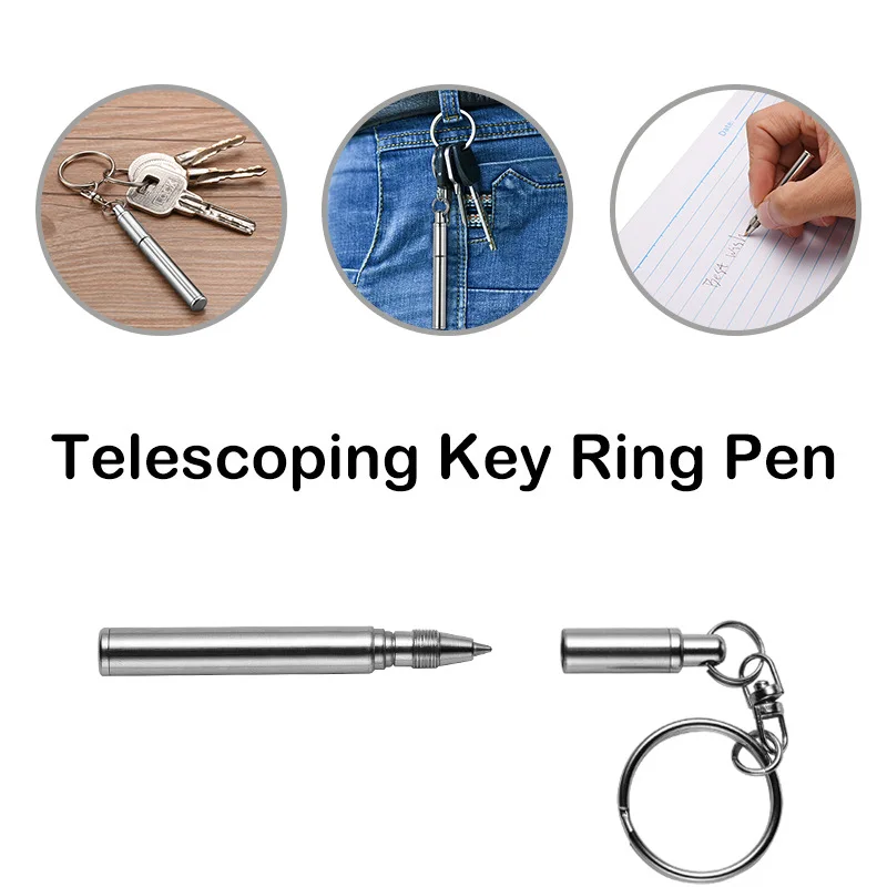 Multifunctional Portable Key Ring Stainless Steel Telescopic Pen 1pc Ball Point Pen 5pcs Refills Set Keychain Tool