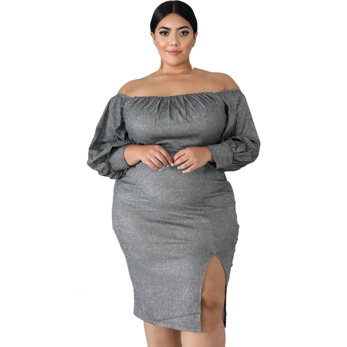 Сексуальное платье размера плюс 2xl~ 6xl с открытыми плечами, женские Клубные вечерние платья с длинным рукавом и блестками, блестящие вечерние платья Vestidos