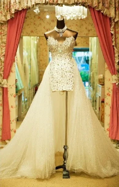 

Gorgeous Crystals High Low Bridal Gown with Detachable Skirt Short Front Long Back Rhinestone mother of the bride dresses