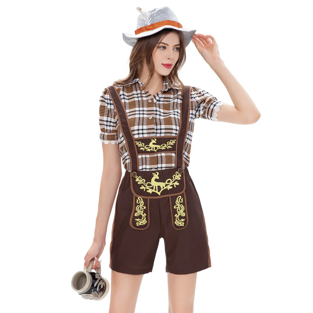 Dancing Stage Costumes German Traditional Beer Festival Dress Plaid Shirt women Halter Suit Multi- Shoot Sportswear | Тематическая