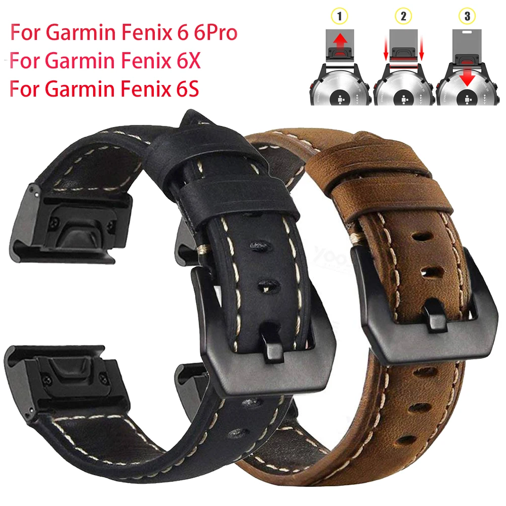 

26 22MM Leather Quick Release Strap for Garmin Fenix 6X Pro Watch Easyfit Wristband for Fenix 6 Pro Watch