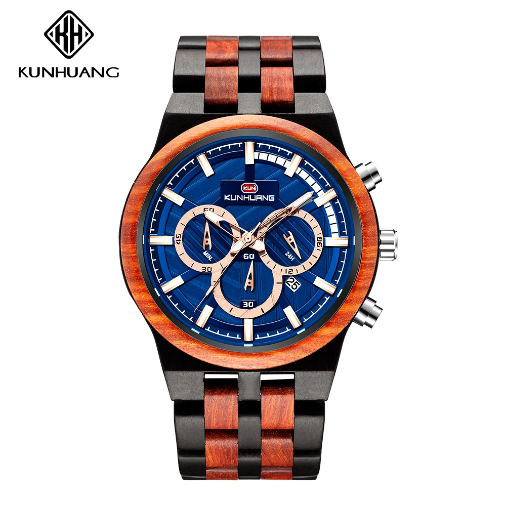 

KUNHUANG Sports men's Wooden watch big dial sandalwood suit luminous calendar quartz watch